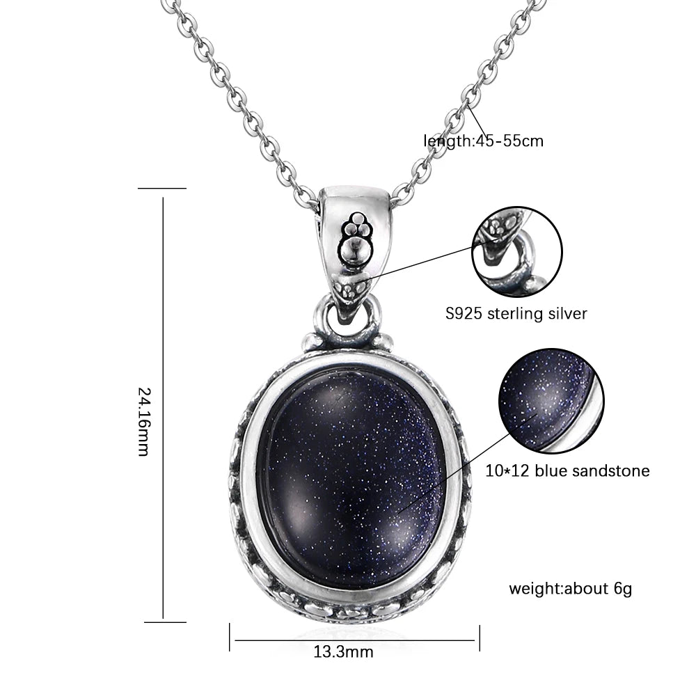 Vintage Sandstone Necklace 925 Silver Oval Pendant Jewelry