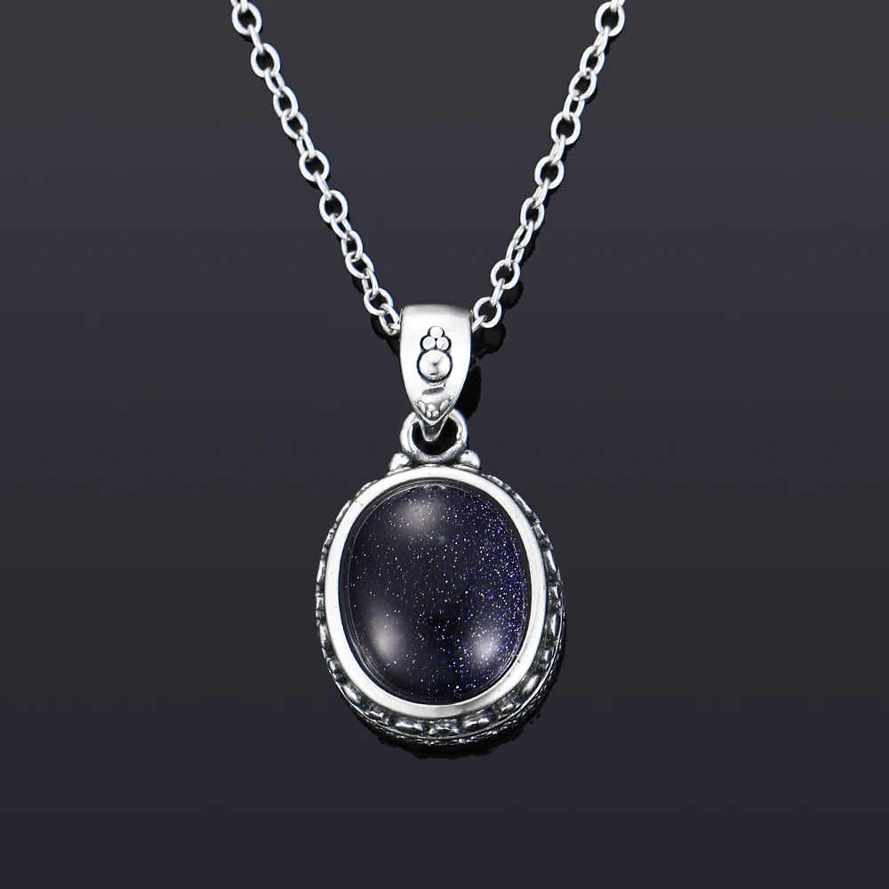 Vintage Sandstone Necklace 925 Silver Oval Pendant Jewelry