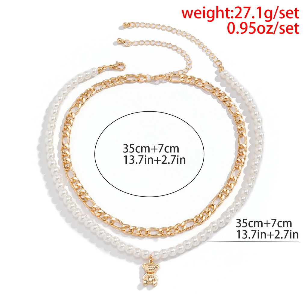 Boho Pearl Bear Pendant Choker Necklace Vintage Beaded Collar Chain