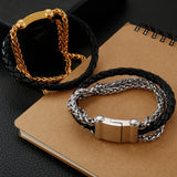 Braided Leather Man Bracelet Stainless Steel Chain Mens Bracelets