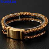 Braided Leather Man Bracelet Stainless Steel Chain Mens Bracelets