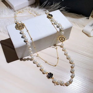 Camellia Flower Necklace Pearl Double Layer Necklace for Women