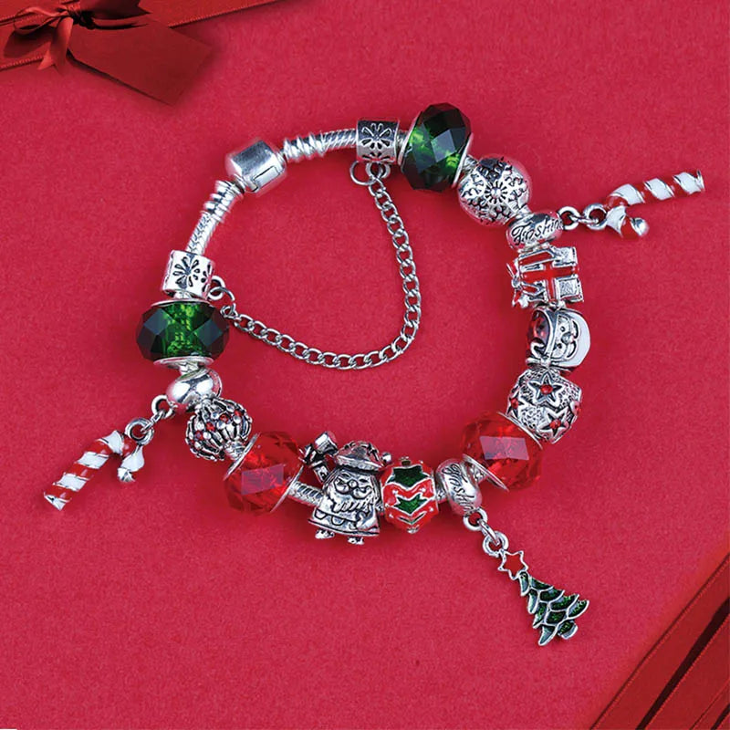 Christmas Tree Crutch Charm Bracelet Red Green Crystal Xmas Jewelry