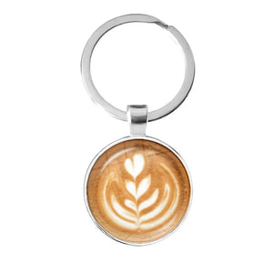 Coffee Latte Heart Art Keychain Chocolate Flower Charm Pendant