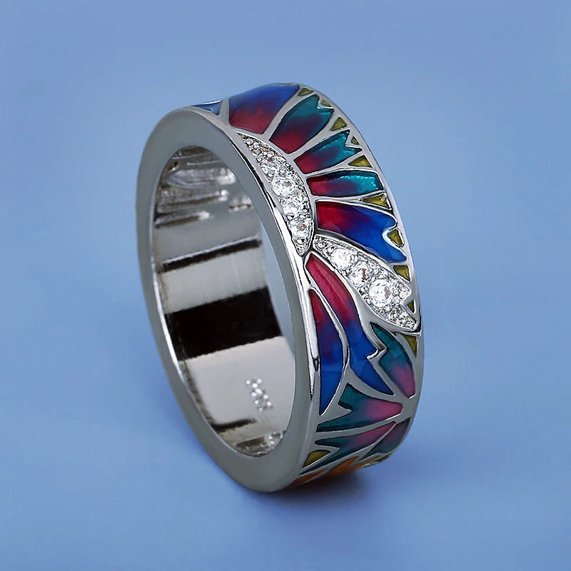 Colorful Epoxy Silver Sun Ring Women's Wedding Bridal Enamel Rings