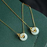 Natural Hetian Jade Interlocking Double Ring Pendant Necklace