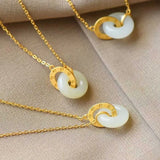 Natural Hetian Jade Interlocking Double Ring Pendant Necklace