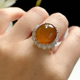 Natural Chalcedony Orange Egg Face Flower Ladies Ring