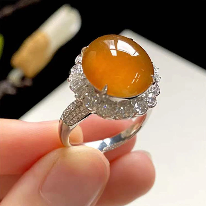 Natural Chalcedony Orange Egg Face Flower Ladies Ring