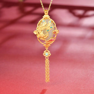 Natural Hetian Jade Cheongsam Phoenix Fringe Necklace Silver Jewelry