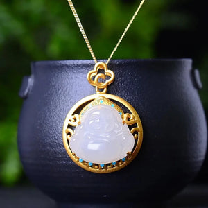 Natural Hetian Jade Round Maitreya Buddha Pendant Necklace