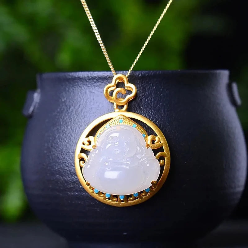 Natural Hetian Jade Round Maitreya Buddha Pendant Necklace