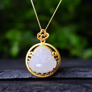 Natural Hetian Jade Round Maitreya Buddha Pendant Necklace