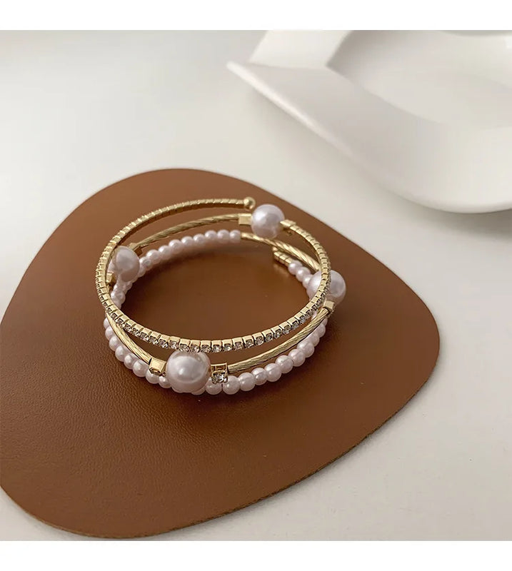 Multilayer Pearl Diamond Bangle Bracelet Jewelry