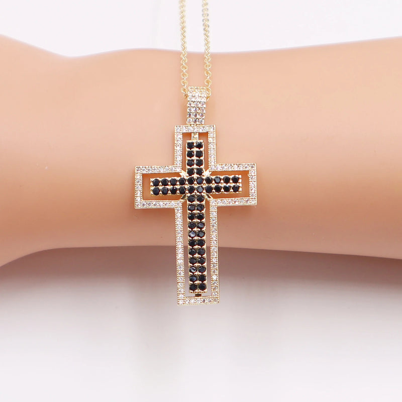 Double Cross Pendant Copper Zirconia Necklace Men Women Party Wedding Jewelry