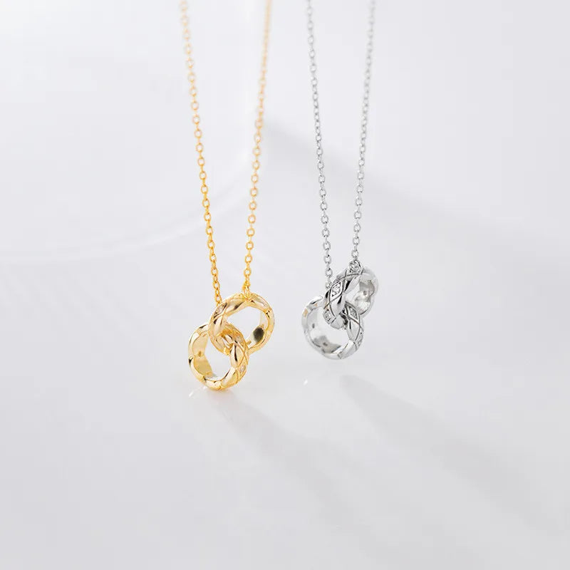 Zircon Double Ring Circles Pendant Necklace 925 Sterling Silver Sweater Chain