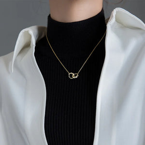 Zircon Double Ring Circles Pendant Necklace 925 Sterling Silver Sweater Chain