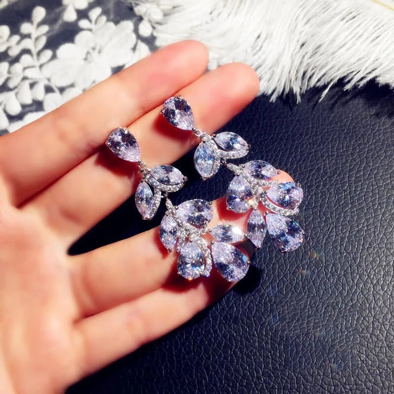 Leaf CZ Earrings 925 Sterling Silver Crystals Wedding Bride Earrings