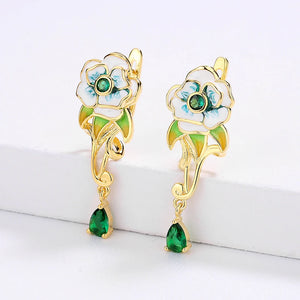 Green Flower Shape Earrings Enamel Wedding Party Jewelry