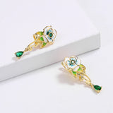 Green Flower Shape Earrings Enamel Wedding Party Jewelry