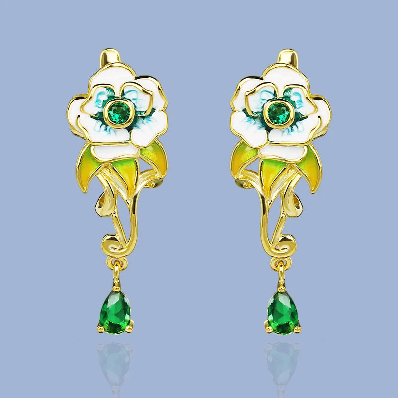 Green Flower Shape Earrings Enamel Wedding Party Jewelry