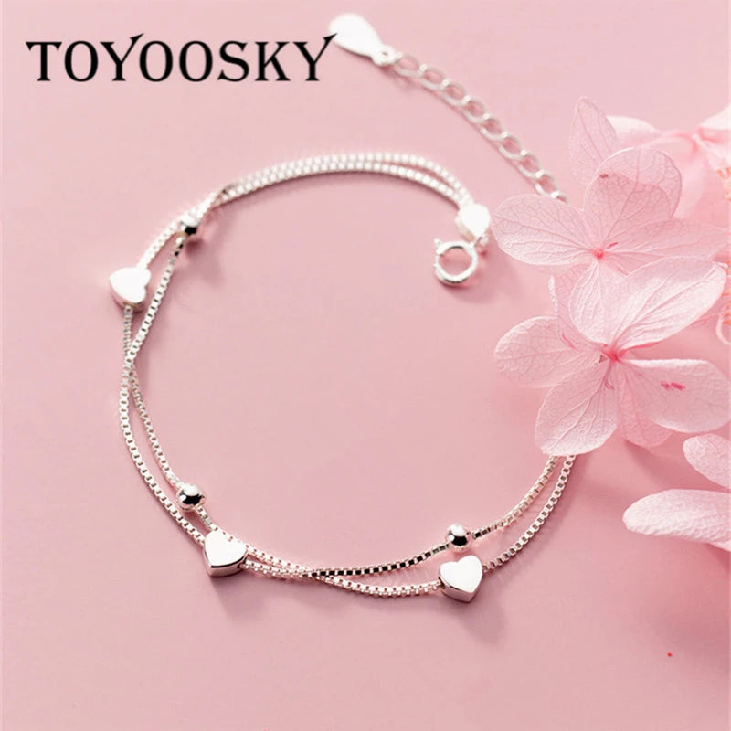 925 Sterling Silver Double Chain Love Hearts Bracelet For Women