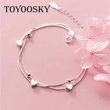 925 Sterling Silver Double Chain Love Hearts Bracelet For Women