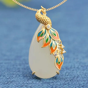 Enamel Porcelain Zircon Hetian Jade Peacock Necklace Silver Jewelry