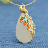 Enamel Porcelain Zircon Hetian Jade Peacock Necklace Silver Jewelry