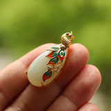 Enamel Porcelain Zircon Hetian Jade Peacock Necklace Silver Jewelry