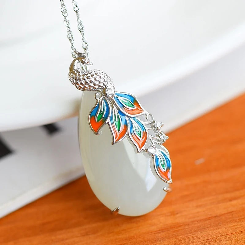 Enamel Porcelain Zircon Hetian Jade Peacock Necklace Silver Jewelry