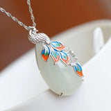 Enamel Porcelain Zircon Hetian Jade Peacock Necklace Silver Jewelry