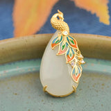 Enamel Porcelain Zircon Hetian Jade Peacock Necklace Silver Jewelry