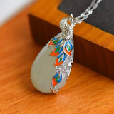 Enamel Porcelain Zircon Hetian Jade Peacock Necklace Silver Jewelry