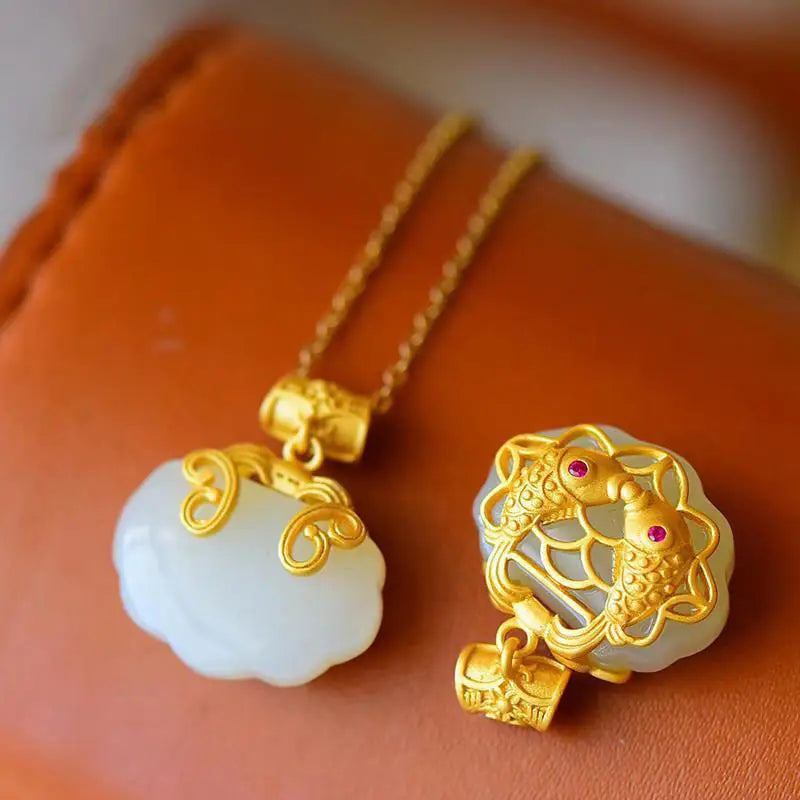Ethnic Style Pisces Safety Lock Pendant S925 Sterling Silver Plated Hetian Jade