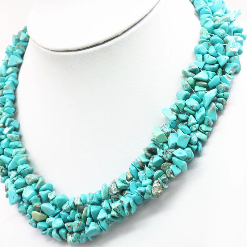Classic 4X8MM Turquoises Necklace Double Chip Beads Nylon Line Weave 18in