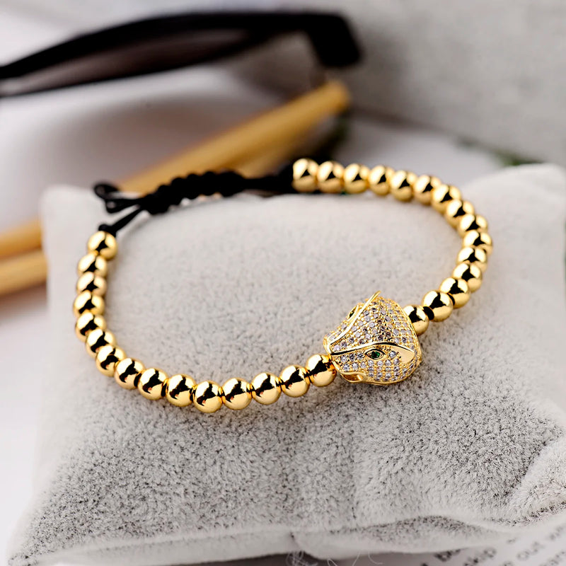 Leopard Head Charm Bracelet Braided Beaded Adjustable Bracelet