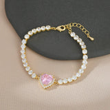 Pink Zircon Heart Bracelet Women Charm Bridal Wedding Jewelry