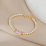 Pink Zircon Heart Bracelet Women Charm Bridal Wedding Jewelry