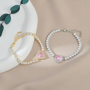 Pink Zircon Heart Bracelet Women Charm Bridal Wedding Jewelry
