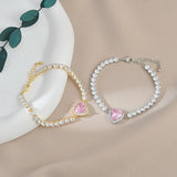 Pink Zircon Heart Bracelet Women Charm Bridal Wedding Jewelry