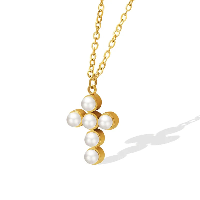 Retro Cross Necklace Stainless Steel Pearl Inlay High Jewelry