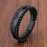 Volcanic Stone Leather Bracelet Men Stainless Steel Magnetic Clasp Bangle