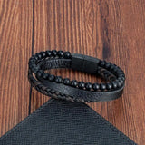 Volcanic Stone Leather Bracelet Men Stainless Steel Magnetic Clasp Bangle