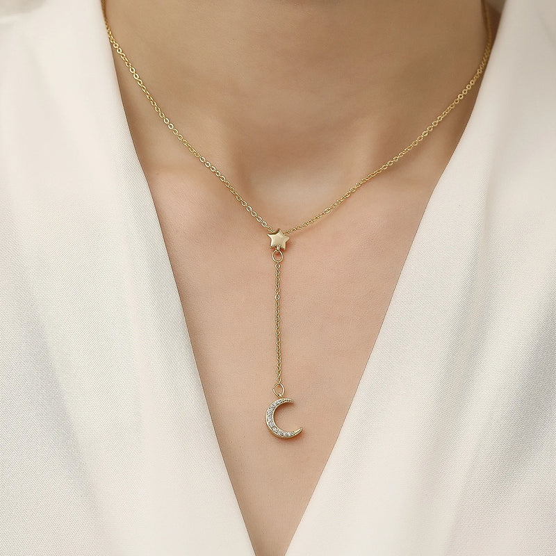 Fine Golden Star Women Necklace Moon Zircon Pendant Romantic Jewelry Gift