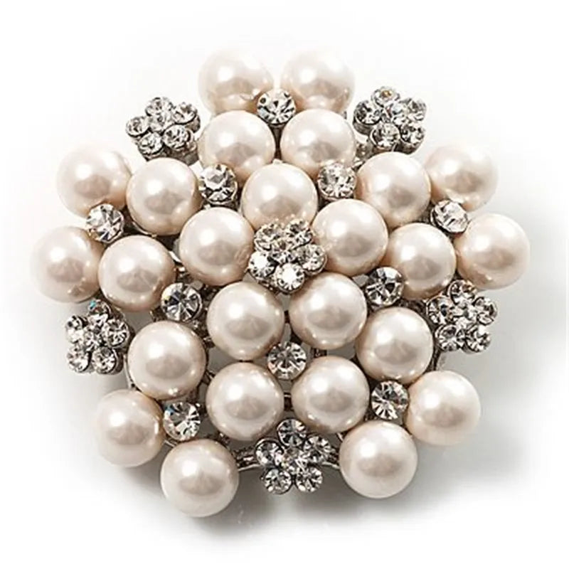 Classic Pearl Brooch Pins Clear Rhinestones