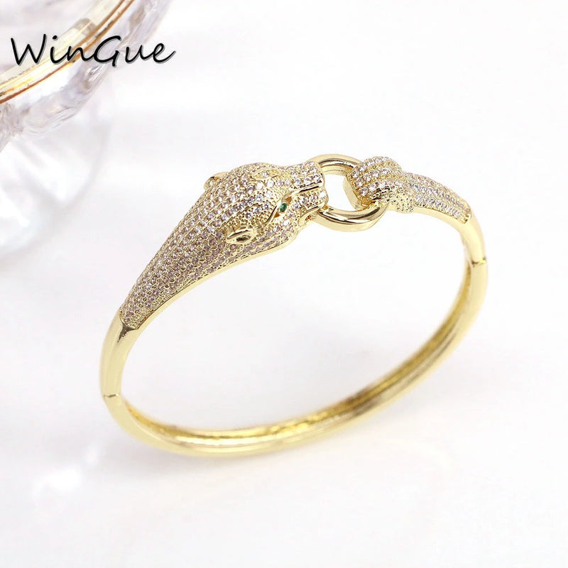 Copper Zircon Leopard Open Cuff Bangle for Women