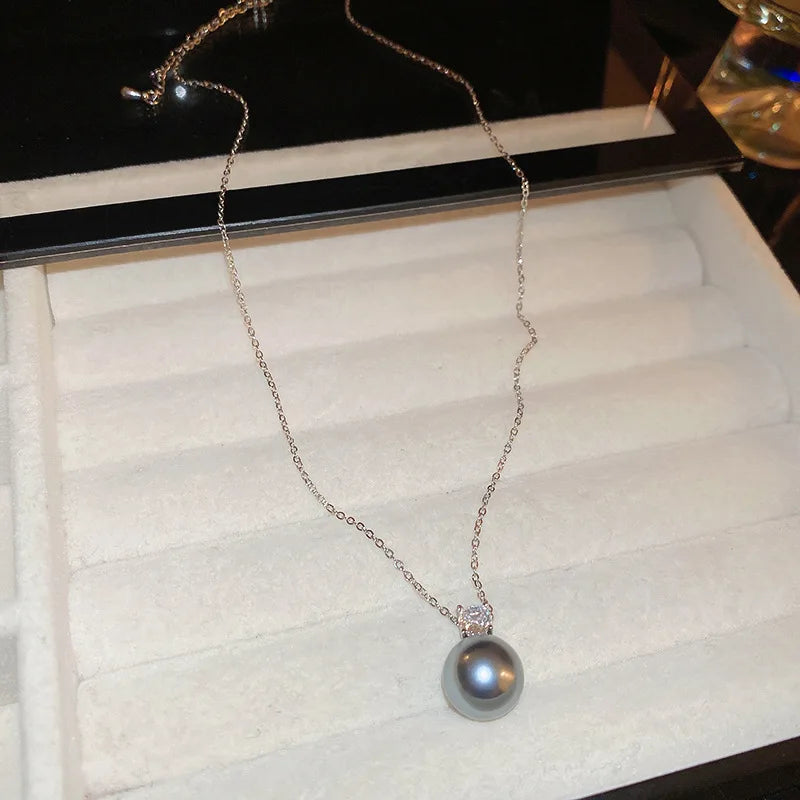 Grey Pearl Pendant Silver Cubic Zircon Necklace for Women