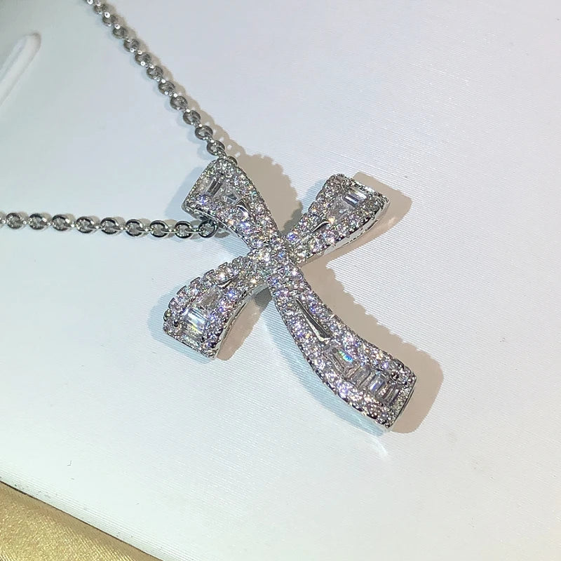 Hip Hop Big Cross Pendant 925 Silver Zircon Necklace Vintage Wedding Jewelry
