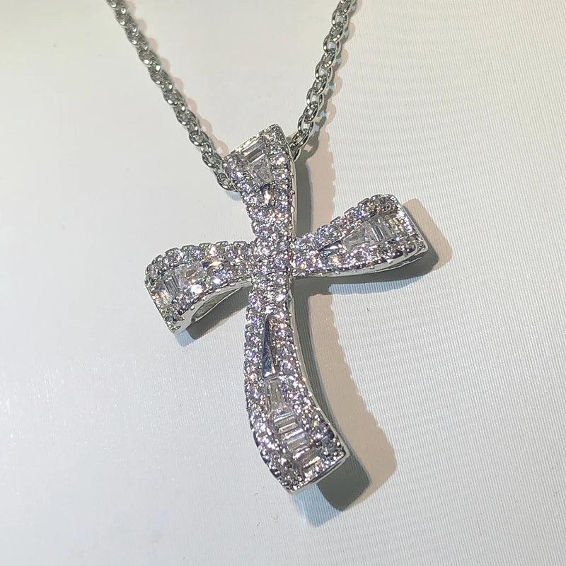 Hip Hop Big Cross Pendant 925 Silver Zircon Necklace Vintage Wedding Jewelry